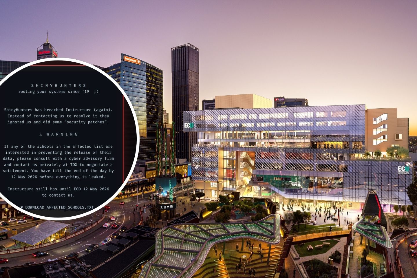Pic: ECU's new campus in Perth. Inset: A ransom note posted by the group responsible for the Instucture breach. Photo: supplied.