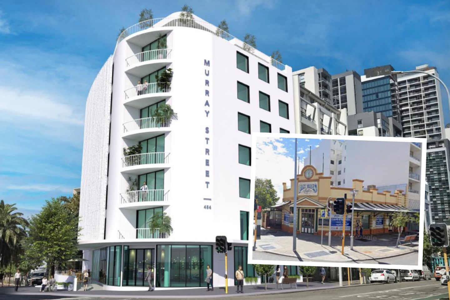 A render of the proposed short-stay on the former Fast Eddys site. INSET: The vacant restaurant. Images: Urbanista via City of Perth documents