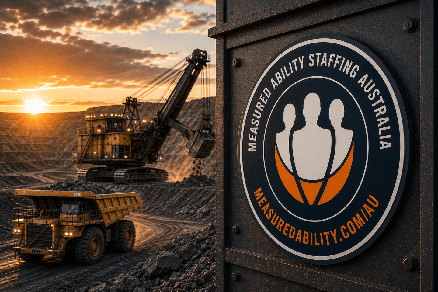 easured Ability Staffing Australia logo mounted on industrial mining equipment overlooking an open-pit mine at sunset, with a haul truck and excavator operating in the background under golden light.