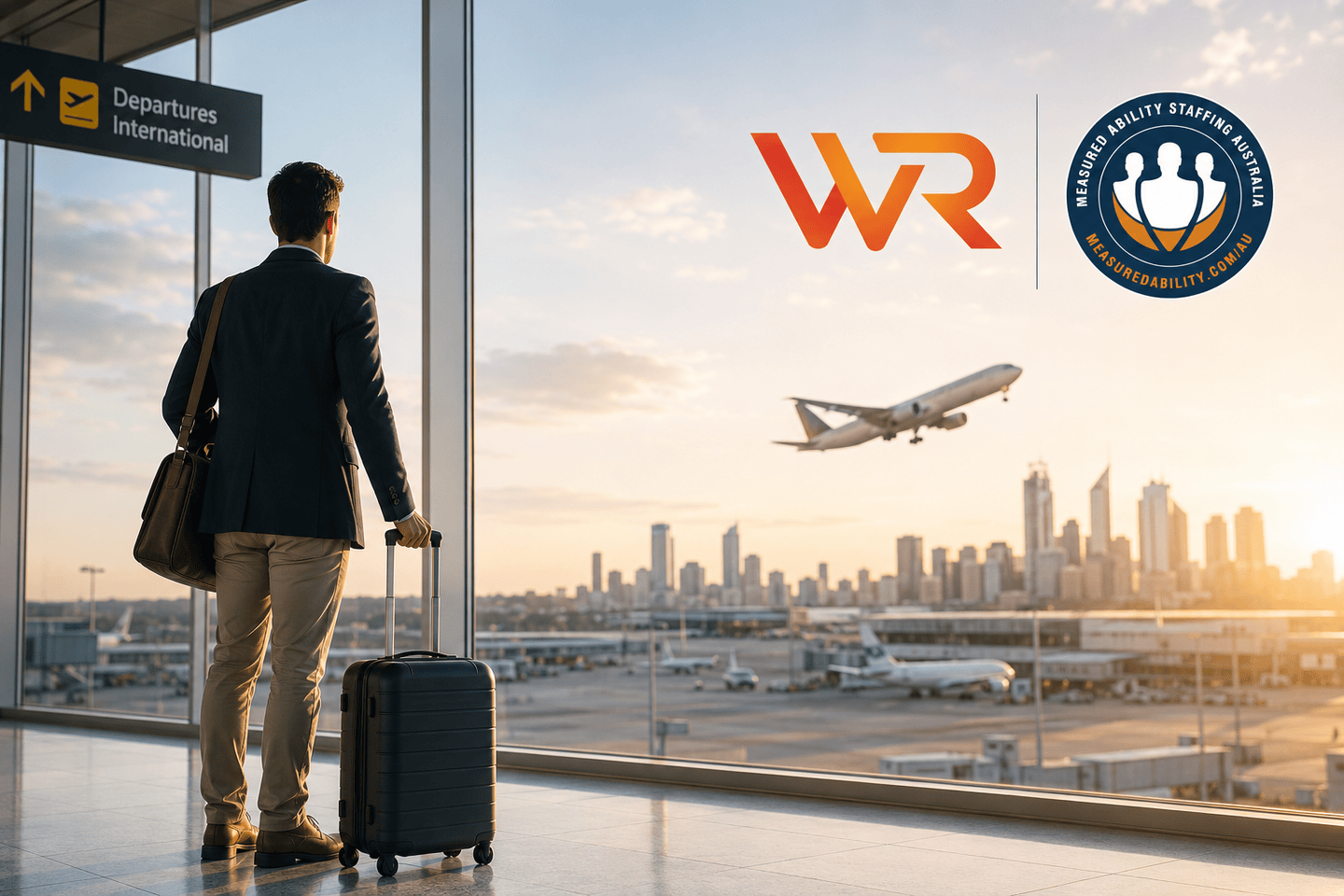 Person waiting at an airport with luggage on hand. Plane flying off.