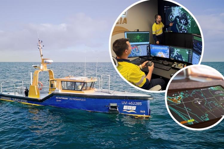 Main pic: EGS' Fremantle-class USV, now with Greenroom Robotics' GAMA technology integrated. Photo: Supplied.