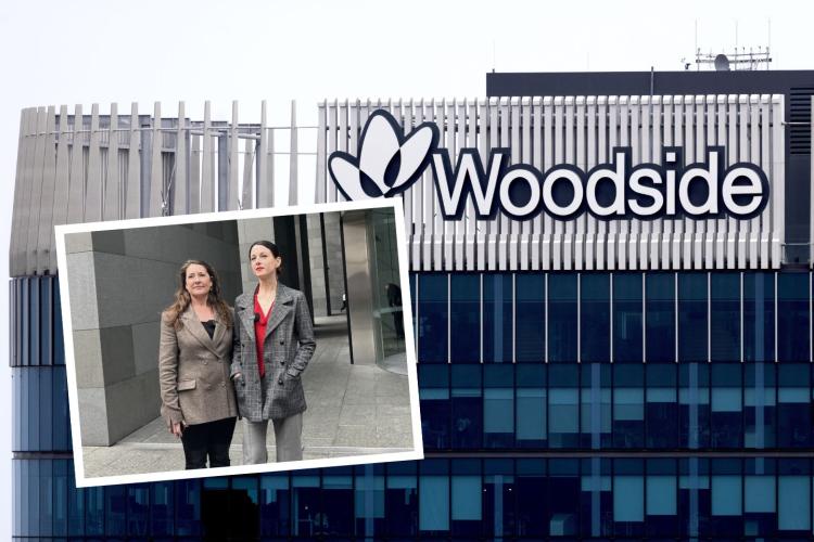 INSET: Kristen Morrissey (left) and Joana Partyka outside Supreme Court after a hearing in a dispute with Woodside.
