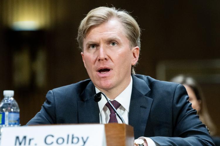 Elbridge Colby, Under Secretary of Defense for Policy, speaking at a hearing of the Senate Armed Services Committee at the U.S. Capitol in Washington, D.C. (Photo by Michael Brochstein/Sipa USA)
