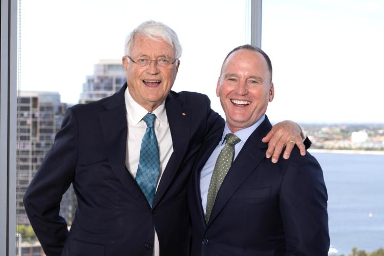 Michael Chaney (L) and his successor Ken MacKenzie in a jovial mood ahead of today's AGM. Photo: Michael O'Brien