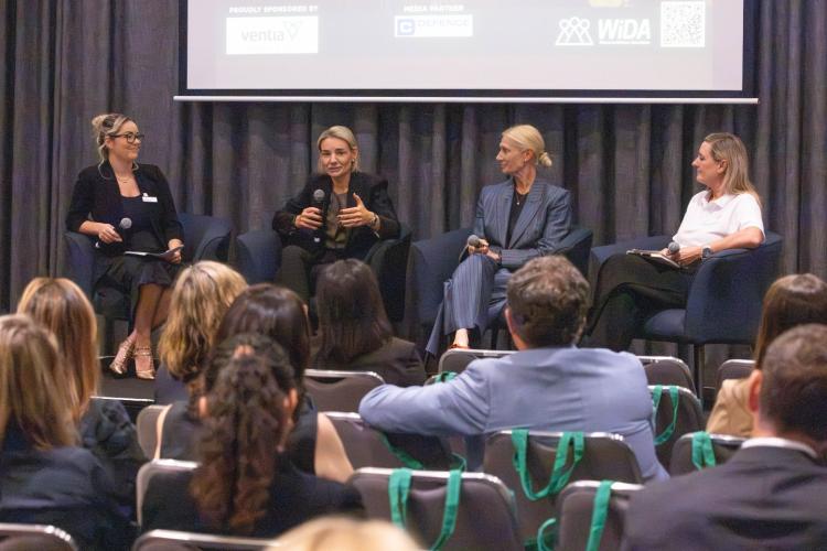 Women in Defence founder Rachel Falzone (left) chairs a panel discussion with ANU's Jennifer Parker, WA Defence Industries head Linda Dawson and Ventia defence general manager Pauline Fitzgerald. Photo: Michael O'Brien.