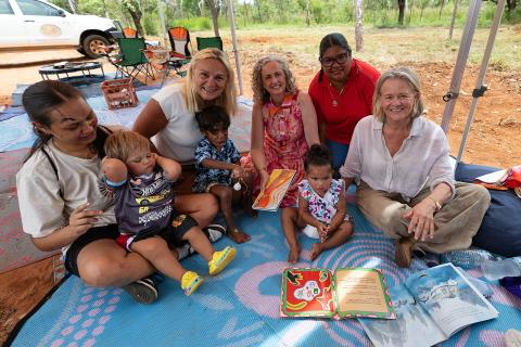 Patricia Edgar, Keyon’tae, 1, Sabine Winton, Ezariah, 3, Senator Jess Walsh, Freya, 1, Kimberley MLA Divina D’Anna, and Nicola Forrest. Photo: Minderoo Foundation