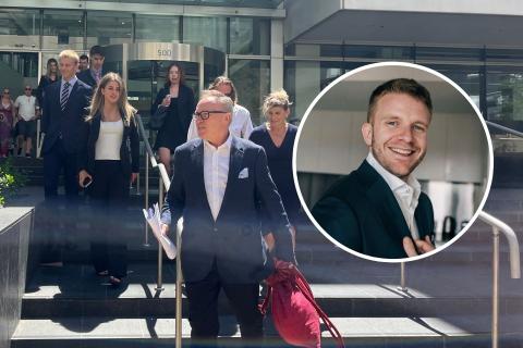 Simon Watters leaving court with family and friends of Brodie Dewar, who is accused of attacking Tim Picton (inset).