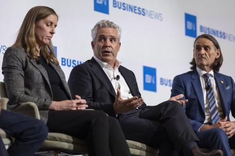 BHP's Lauren Burraston, IMDEX CEO Paul House, and Westgold's Wayne Bramwell. Photo: Matt Jelonek