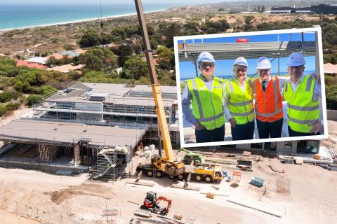 Background: Construction of the hospice. INSET: Carrick Robinson (left), Mike Baird, Ian Campbell and Mark McGowan on Sandcastles’ top-floor viewing deck.