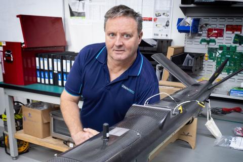 Mike von Bertouch with the fuselage of a One-Way Loitering munition developed by Innovaero. 