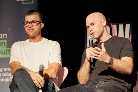 Jim Tsagalis (left) and Kyle Jeavons discuss ideas on improving the Perth CBD. Photo: David Broadway