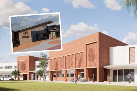 A render of Al-Ameen College’s second stage of its Malaga school. Image. TRCB Architect. INSET: Casa Mia Montessori's Viveash proposal. Image: EIW Architects