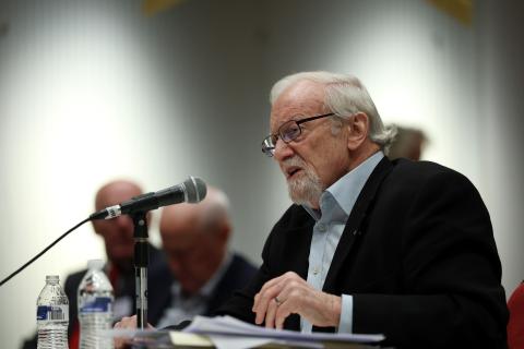 Former Minister for Foreign Affairs of Australia Gareth Evans speaks during the nationwide hearings into the AUKUS submarine project at the Victorian Trades Hall in Melbourne, Thursday, June 11, 2026 (AAP Image/Con Chronis) 