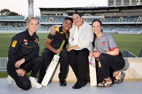 WA Cricket disability programs coordinator Annie Rogan (left), Mason Ogle, Charlene Ogle, and Lucy Dias feel cricket in WA provides an inclusive environment. Photo: Michael O’Brien