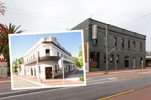 Brisbane Hotel (background). INSET: A render of the proposed upgrade to the venue. Image: Woods Bagot via DAP document