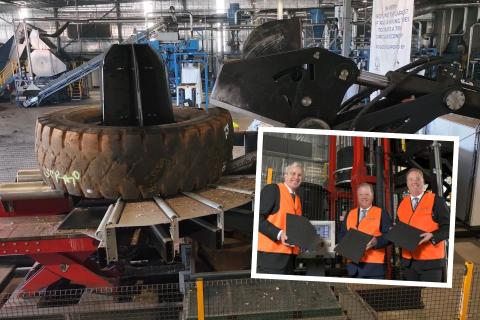 Background: Downsizing of the largest tyres is handed on-site at Neerabup. INSET: CTS managing director Leigh Cometti showing recycled rubber matting to Environment Minister Matt Swinbourn and Mines Minister David Michael. Photo: Michael Bain.