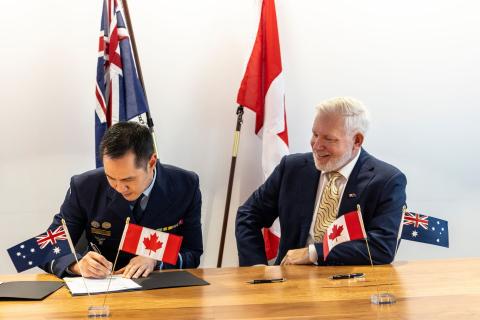 Integrated Air and Missile Defence director-general Vince Chong (left) and his Canadian counterpart, Peter Saunders, at the recent signing. Photo: Nicole Mankowski