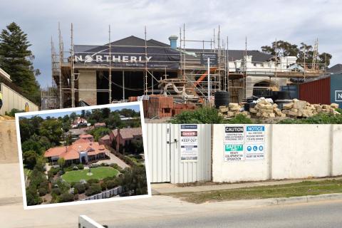 INSET: The Goyders bought a Peppermint Grove property in 2022. Background: Construction works are ongoing at the site. Photo: Michael O'Brien
