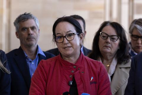 Lara Jensen speaking outside parliament on Tuesday. Photo: Tom Zaunmayr