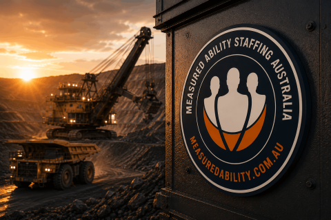 Measured Ability Staffing Australia logo mounted on industrial mining equipment overlooking an open-pit mine at sunset, with a haul truck and excavator operating in the background under golden light.