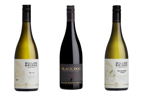 L-R: Willow Bridge Estate’s G1-10 chardonnay, Black Dog shiraz, Bookends fumé sauvignon blanc semillon