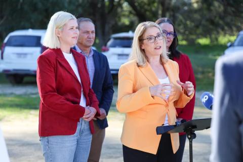 Rita Saffioti speaks to media at the Karnup train station announcement attended by Georgia Tree (left), Roger Cook and Madeleine King.
