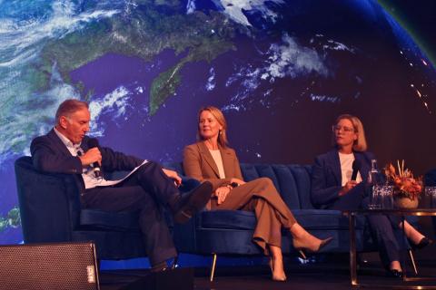 Business News senior journalist and moderator Gary Adshead with Kirrilee Warr (centre) and Hannah Beazley.