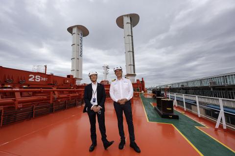 Klaveness chief executive Engebret Dahm, left, with the MV Baltazar's captain Bogdan Prajica. Photo: Tom Zaunmayr