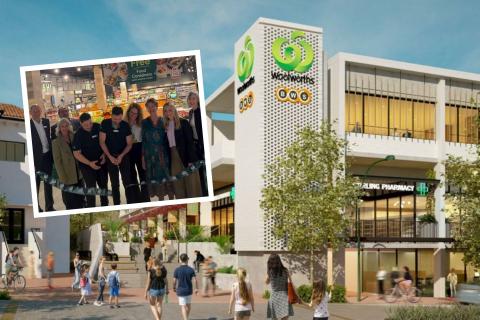A shopping centre development on the former Captain Stirling Hotel site opened today (inset: City of Nedlands). Image: Hames Sharley Architects