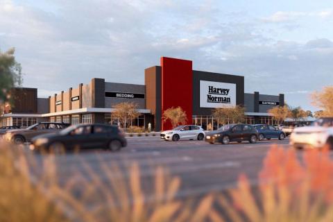 A render of the approved Harvey Norman showroom in Alkimos. Image: Meyer Shircore Architects via DAP document