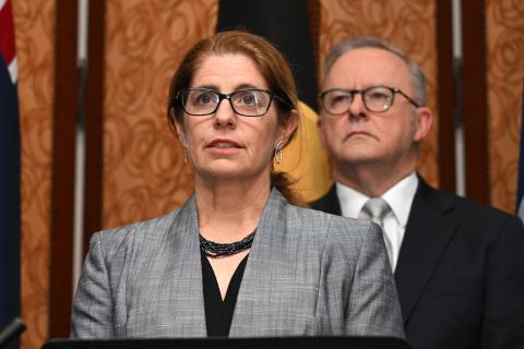 Rio Tinto Kellie Parker and Prime Minister Anthony Albanese at a press conference after a Steel Decarbonisation Roundtable in Shanghai, China, Saturday, July 12, 2025. Photo: AAP Image/Lukas Coch