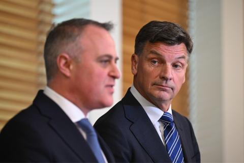 Angus Taylor and Tim Wilson unveil targets for $31bn cuts. Photo: Lukas Coch/AAP Image