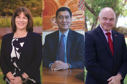 L-R: University vice-chancellors Harlene Hayne, Amit Chakma and Andrew Deeks.