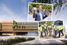 Adam Zorzi (inset, top) at the sod turning event of the proposed Claremont medical centre (background, render by MJA Studio)