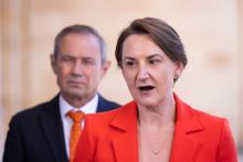 Amber-Jade Sanderson and premier Roger Cook made today's announcement. Photo: Michael O'Brien