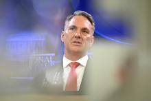 Australian Defence Minister Richard Marles addresses the National Press Club in Canberra, Thursday, April 16, 2026. (AAP Image/Lukas Coch) 