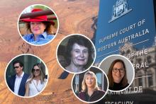 Lang Hancock's descendants Gina Rinehart (top left), John Hancock and Bianca Rinehart (bottom left) and Peter Wright's descendants including Angela Bennett (centre), Leonie Baldock and Alexandra Burt, are in a major dispute over Pilbara iron ore royalties.