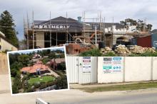 INSET: The Goyders bought a Peppermint Grove property in 2022. Background: Construction works are ongoing at the site. Photo: Michael O'Brien