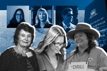 Lang Hancock's descendants Gina Rinehart (bottom right), John Hancock (top right) and Bianca Rinehart (bottom middle) and Peter Wright's descendants including Angela Bennett (bottom left), Alexandra Burt and Leonie Baldock (top left and right).