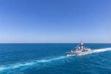 HMAS Perth sails as part of a VIP capability display during Exercise Pitch Black 24. Photo: LACW Annika Smit.