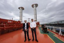 Klaveness chief executive Engebret Dahm, left, with the MV Baltazar's captain Bogdan Prajica. Photo: Tom Zaunmayr